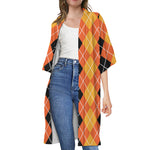 Black And Orange Argyle Pattern Print Open Front Beach Cover Up