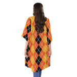 Black And Orange Argyle Pattern Print Open Front Beach Cover Up