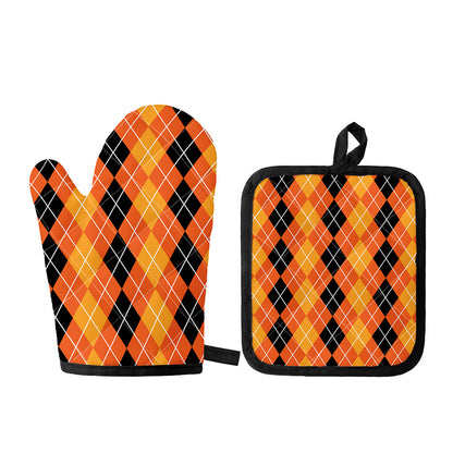 Black And Orange Argyle Pattern Print Oven Mitt And Pot Holder Set