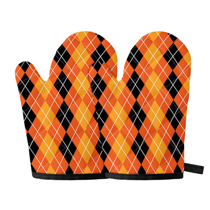 Black And Orange Argyle Pattern Print Oven Mitts