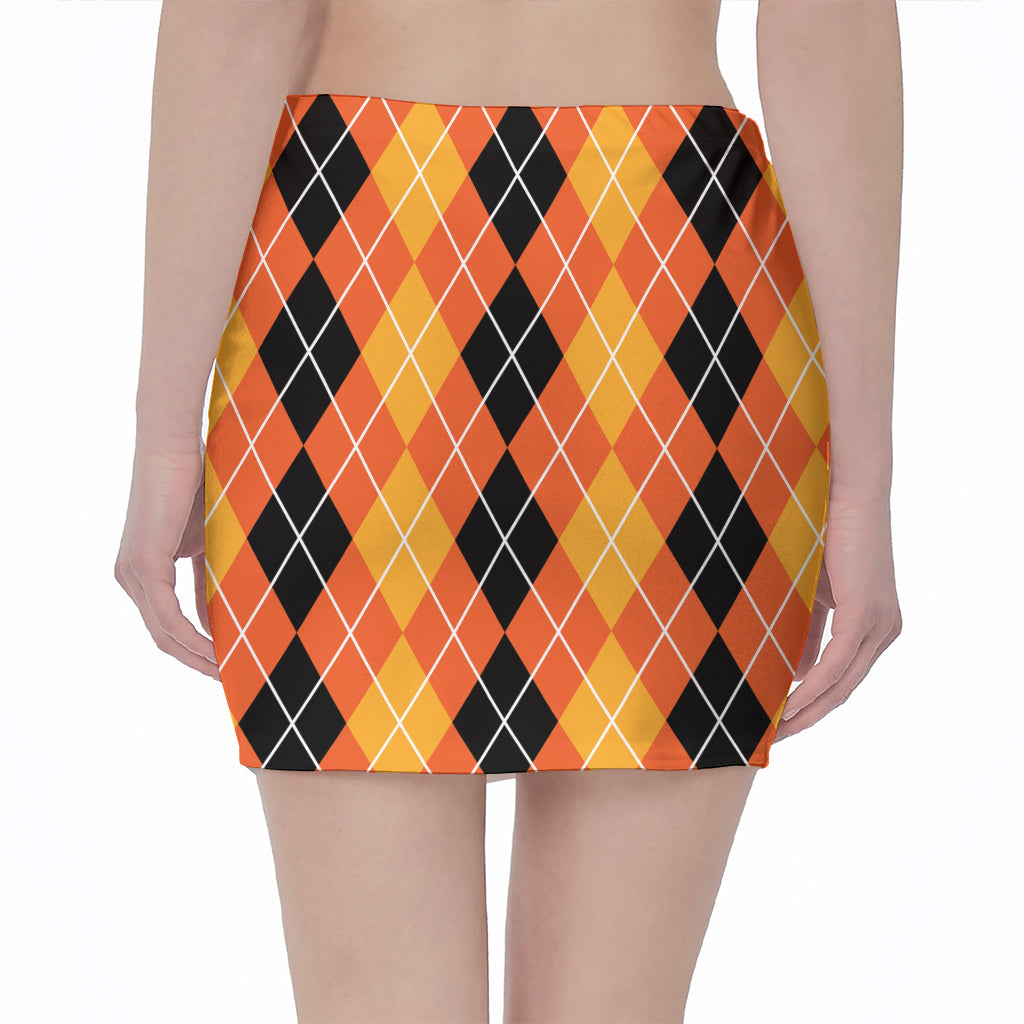 Black And Orange Argyle Pattern Print Pencil Mini Skirt