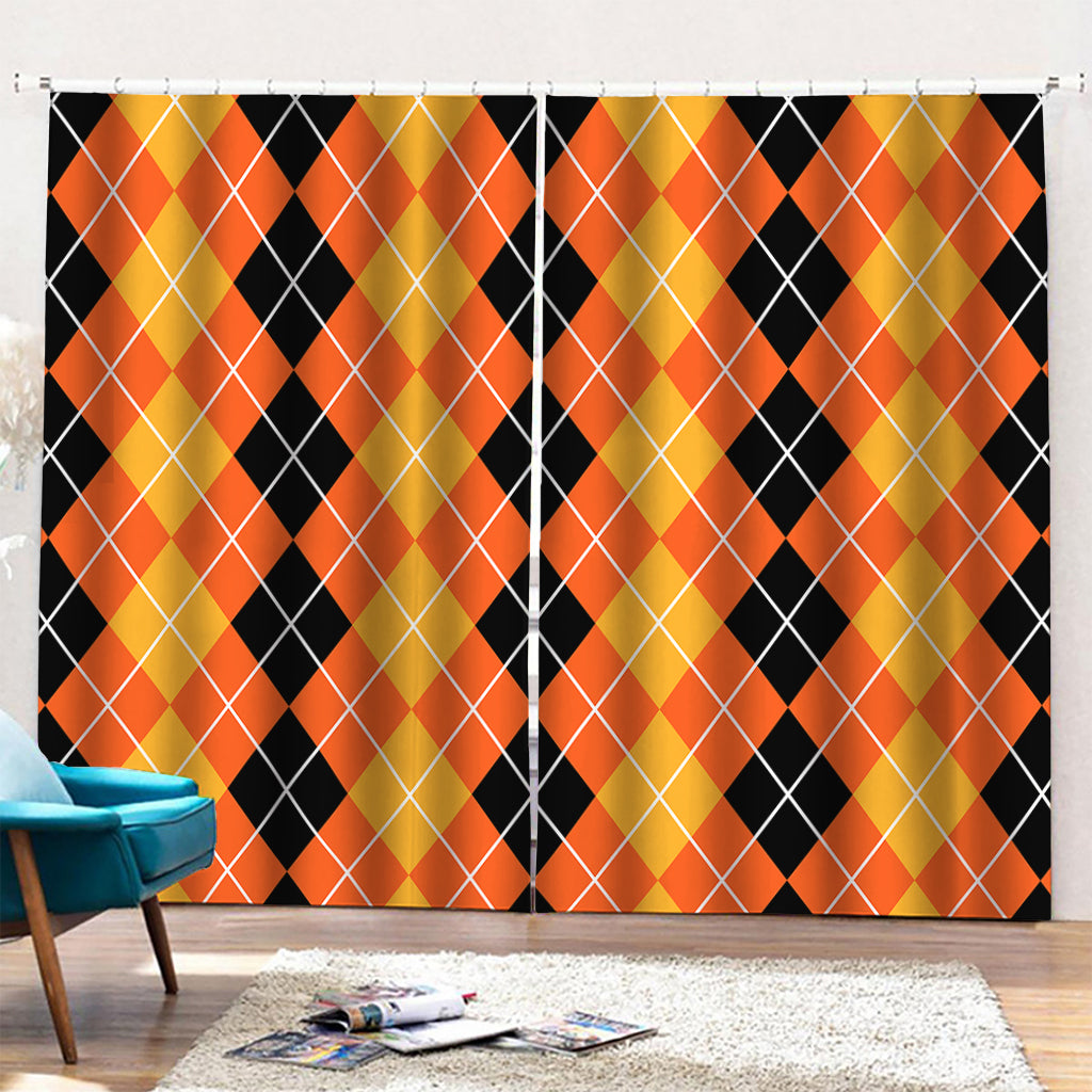 Black And Orange Argyle Pattern Print Pencil Pleat Curtains