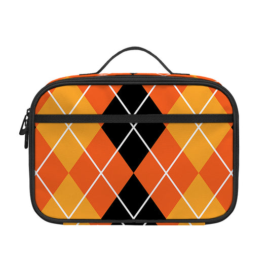 Black And Orange Argyle Pattern Print Portable Lunch Bag