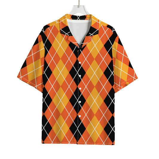 Black And Orange Argyle Pattern Print Rayon Hawaiian Shirt