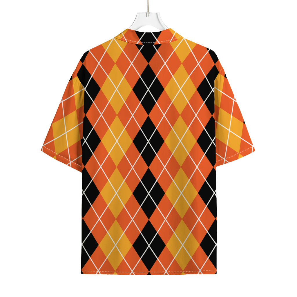 Black And Orange Argyle Pattern Print Rayon Hawaiian Shirt