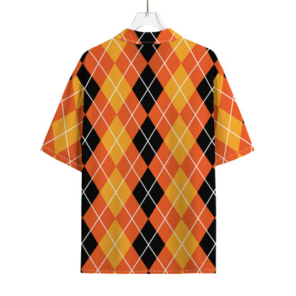 Black And Orange Argyle Pattern Print Rayon Hawaiian Shirt