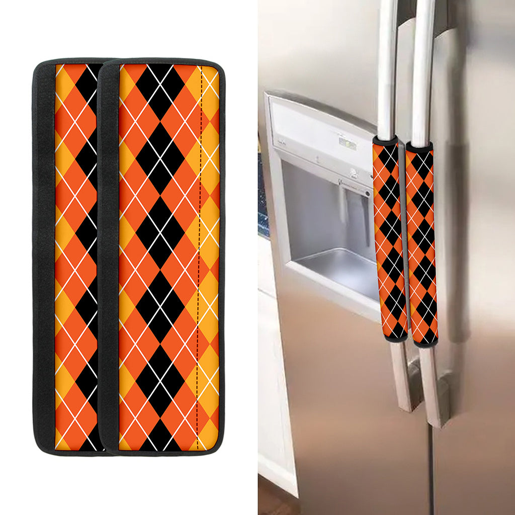 Black And Orange Argyle Pattern Print Refrigerator Handle Covers