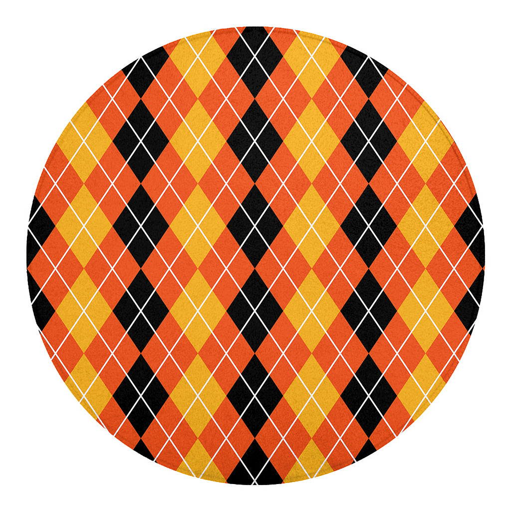 Black And Orange Argyle Pattern Print Round Blanket