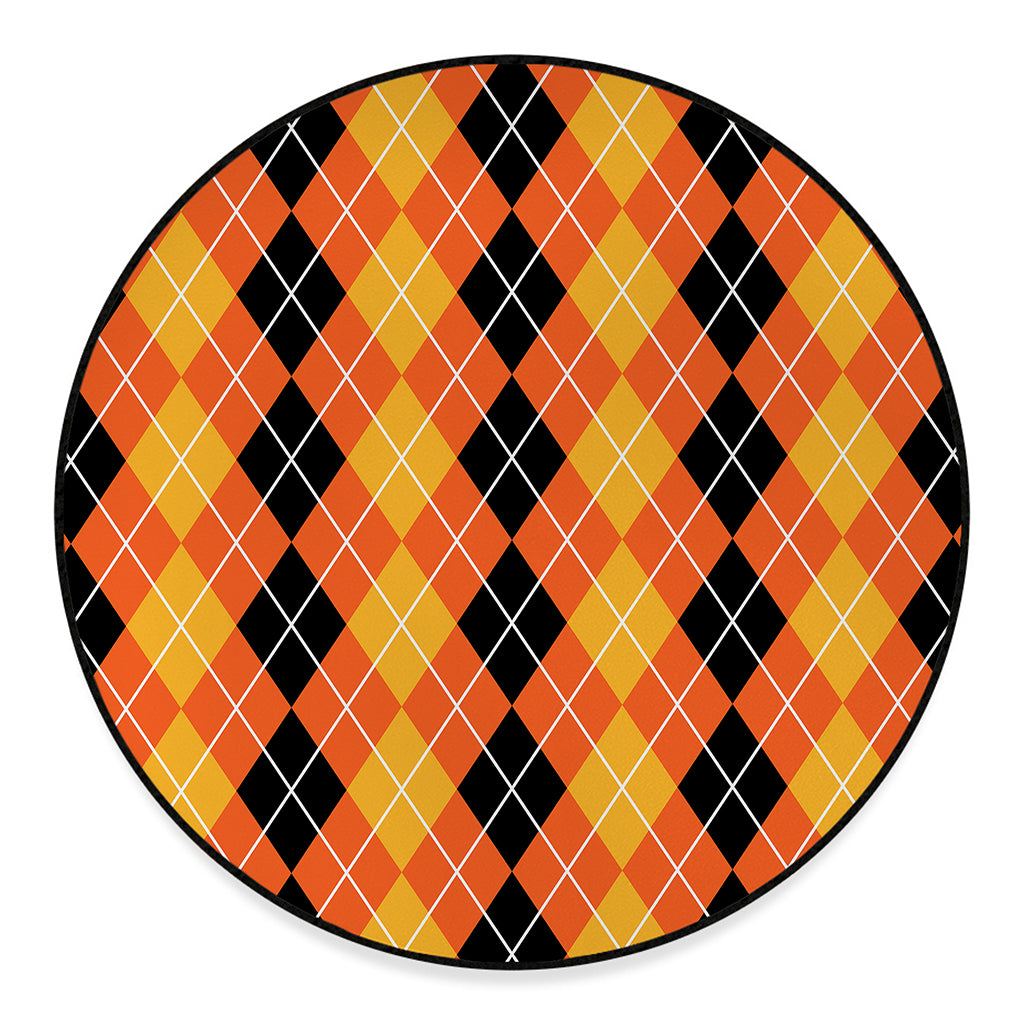 Black And Orange Argyle Pattern Print Round Floor Mat