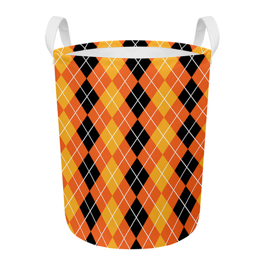 Black And Orange Argyle Pattern Print Round Laundry Basket