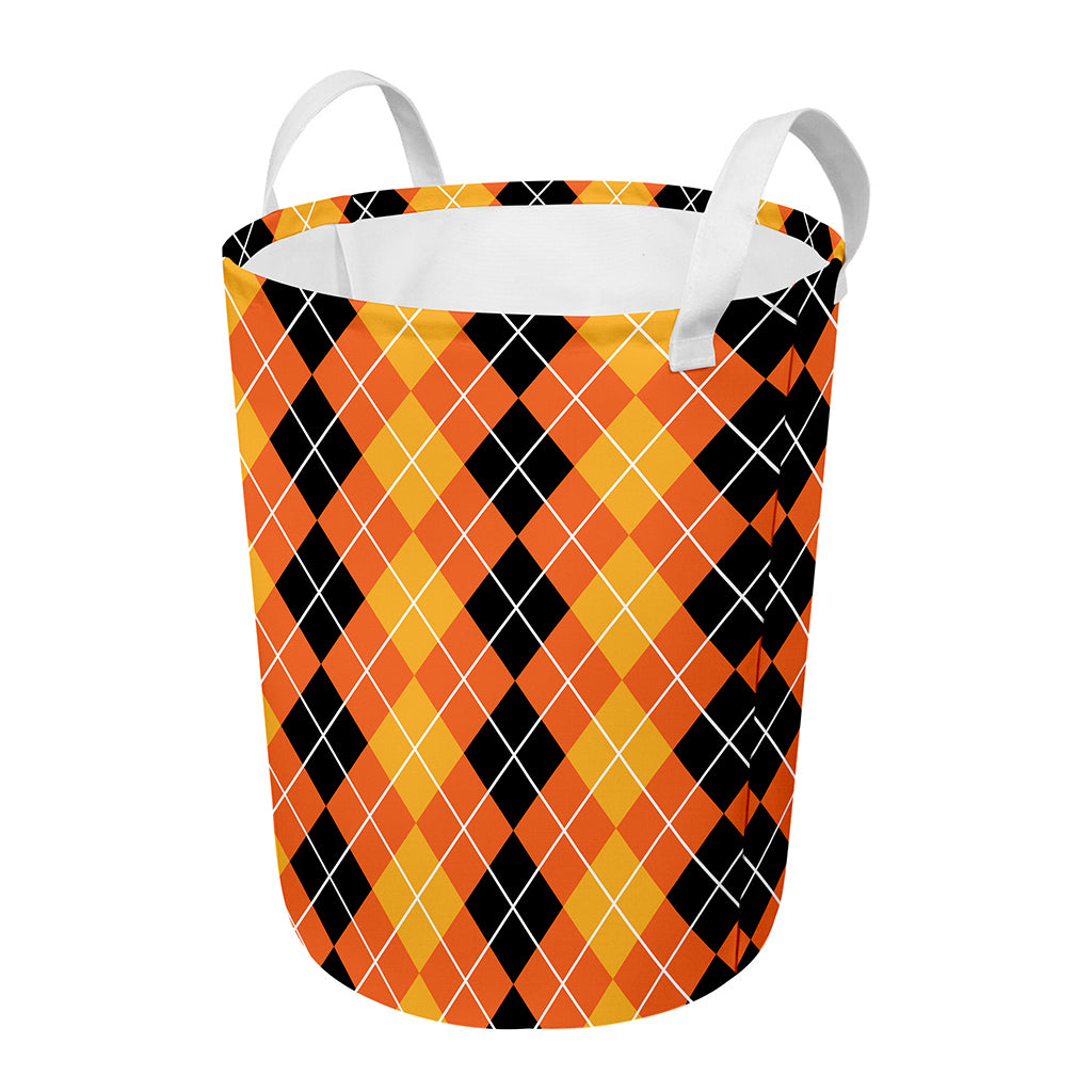 Black And Orange Argyle Pattern Print Round Laundry Basket