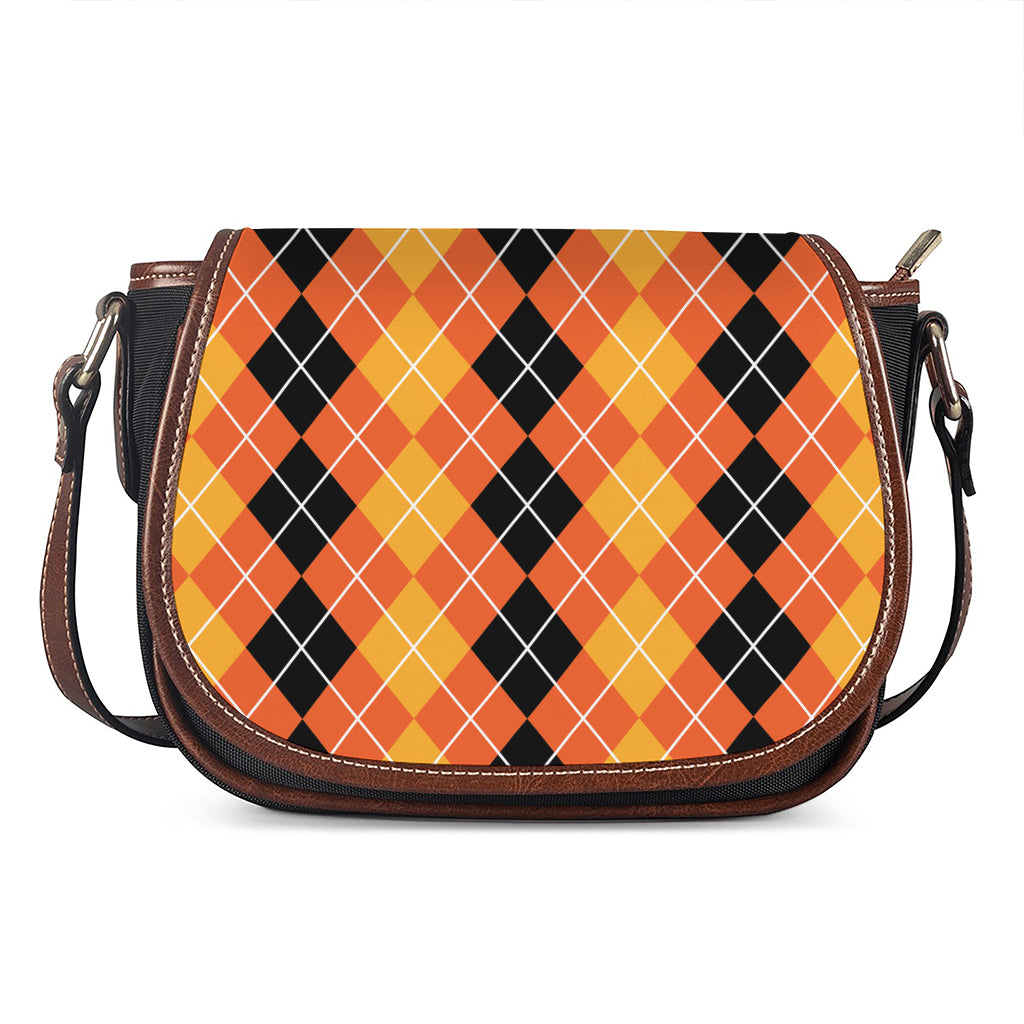 Black And Orange Argyle Pattern Print Saddle Bag