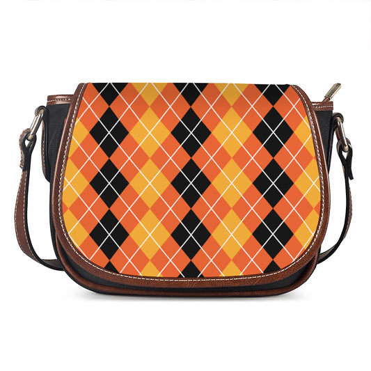 Black And Orange Argyle Pattern Print Saddle Bag