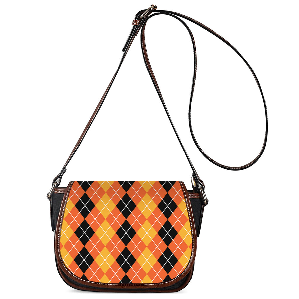 Black And Orange Argyle Pattern Print Saddle Bag