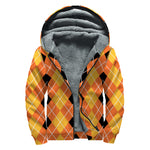 Black And Orange Argyle Pattern Print Sherpa Lined Zip Up Hoodie