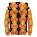 Black And Orange Argyle Pattern Print Sherpa Lined Zip Up Hoodie