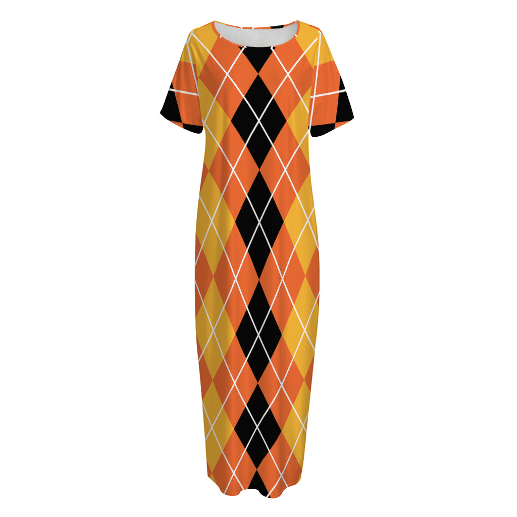 Black And Orange Argyle Pattern Print Short Sleeve Long Nightdress