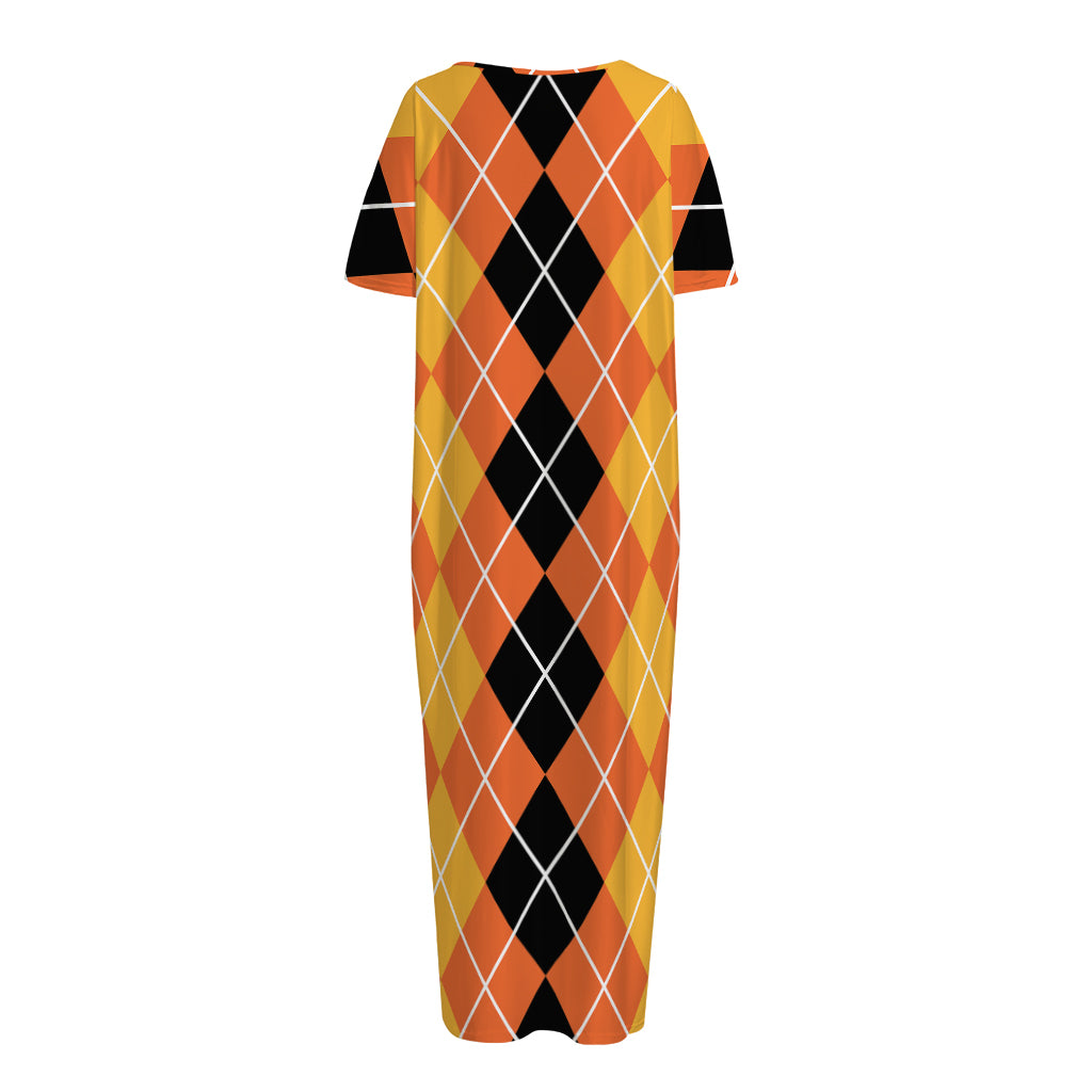 Black And Orange Argyle Pattern Print Short Sleeve Long Nightdress