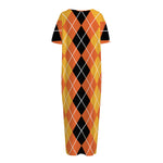 Black And Orange Argyle Pattern Print Short Sleeve Long Nightdress