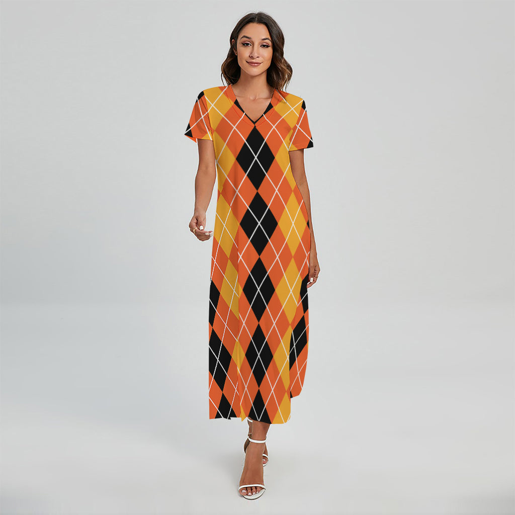 Black And Orange Argyle Pattern Print Short Sleeve Maxi Dress