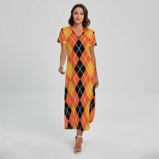 Black And Orange Argyle Pattern Print Short Sleeve Maxi Dress