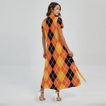 Black And Orange Argyle Pattern Print Short Sleeve Maxi Dress
