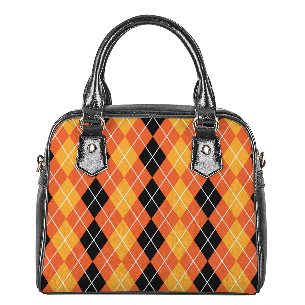 Black And Orange Argyle Pattern Print Shoulder Handbag