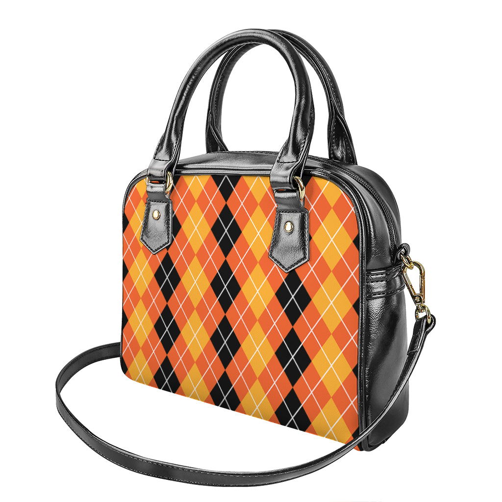 Black And Orange Argyle Pattern Print Shoulder Handbag