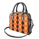 Black And Orange Argyle Pattern Print Shoulder Handbag