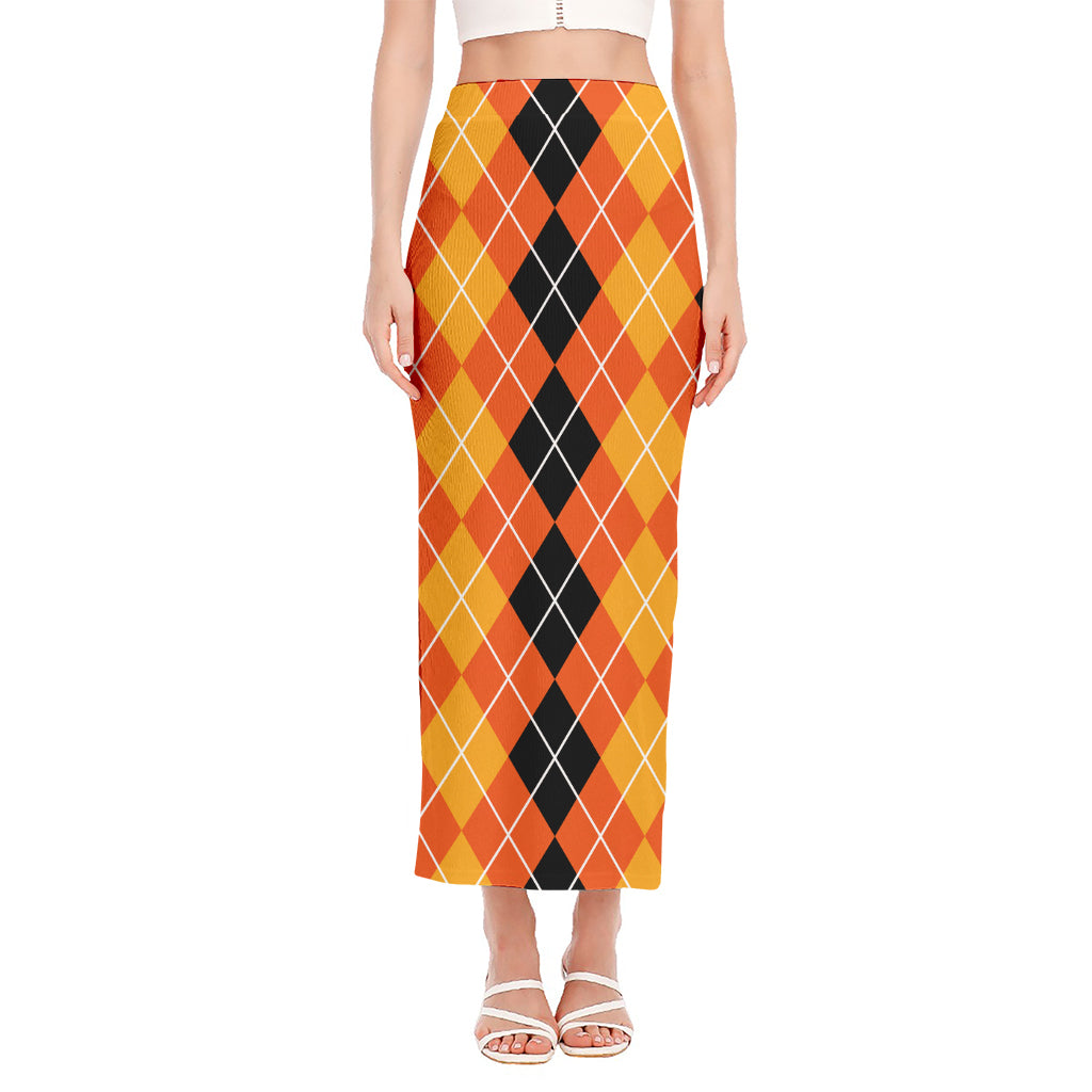 Black And Orange Argyle Pattern Print Side Slit Maxi Skirt