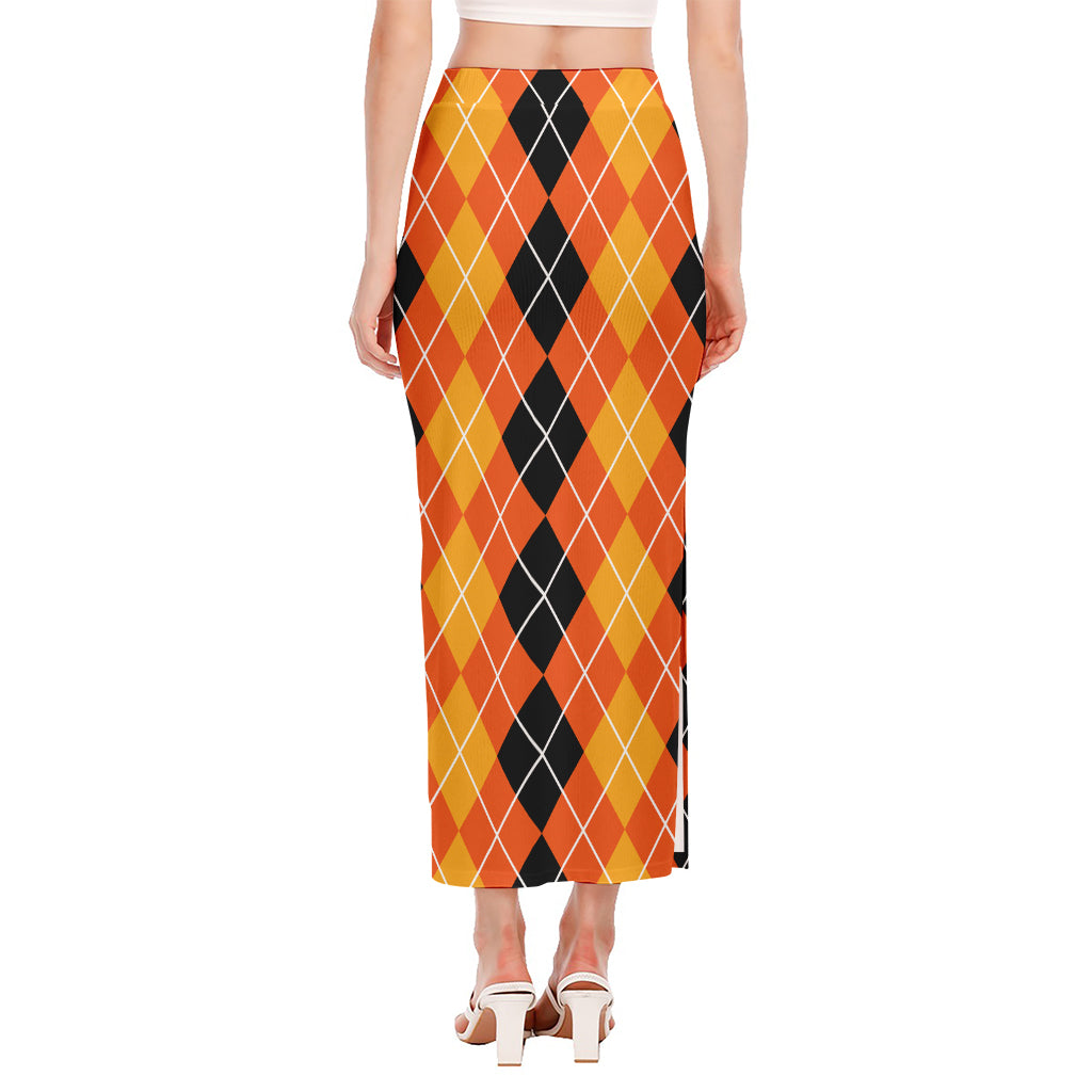 Black And Orange Argyle Pattern Print Side Slit Maxi Skirt