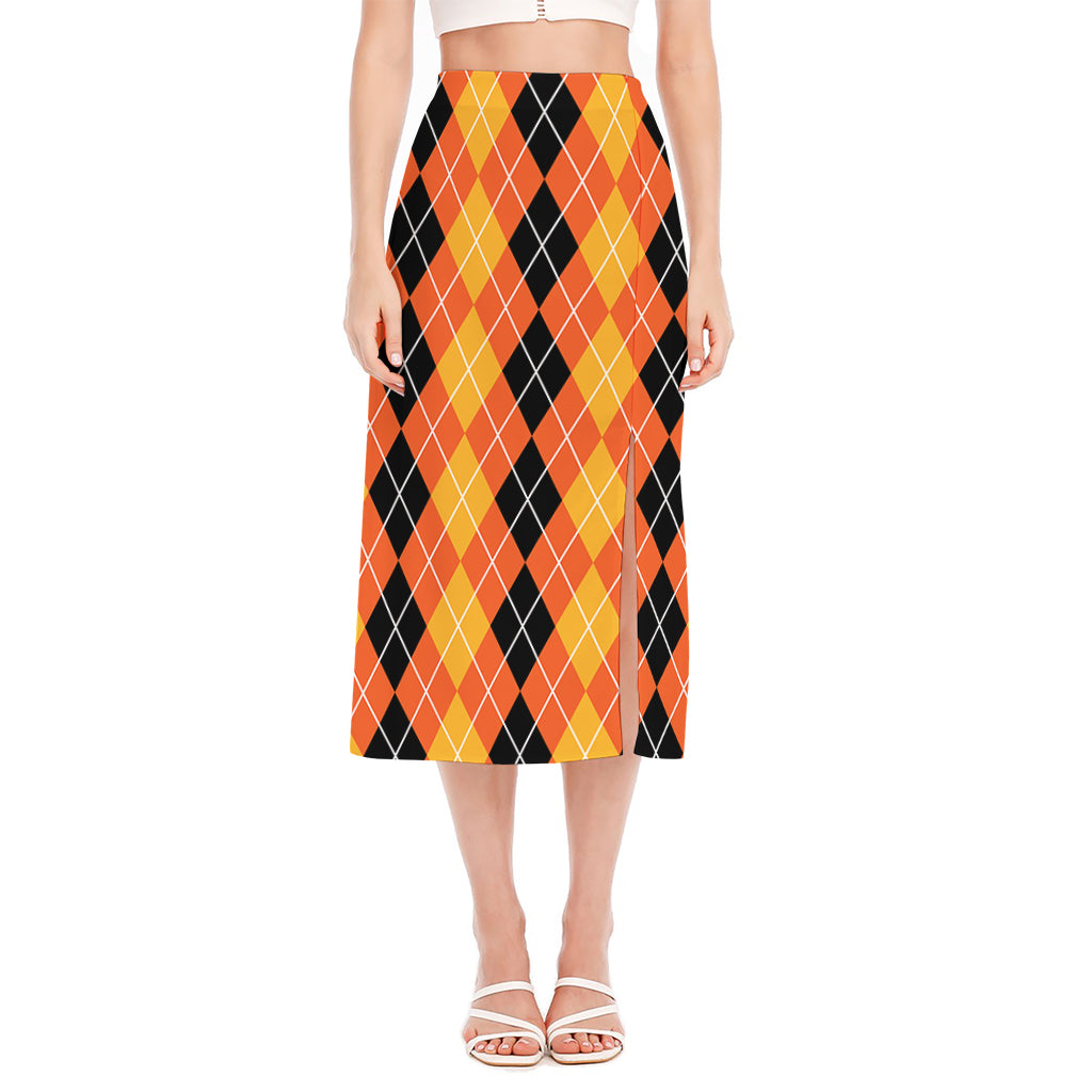 Black And Orange Argyle Pattern Print Side Slit Midi Skirt