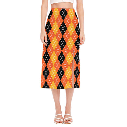 Black And Orange Argyle Pattern Print Side Slit Midi Skirt