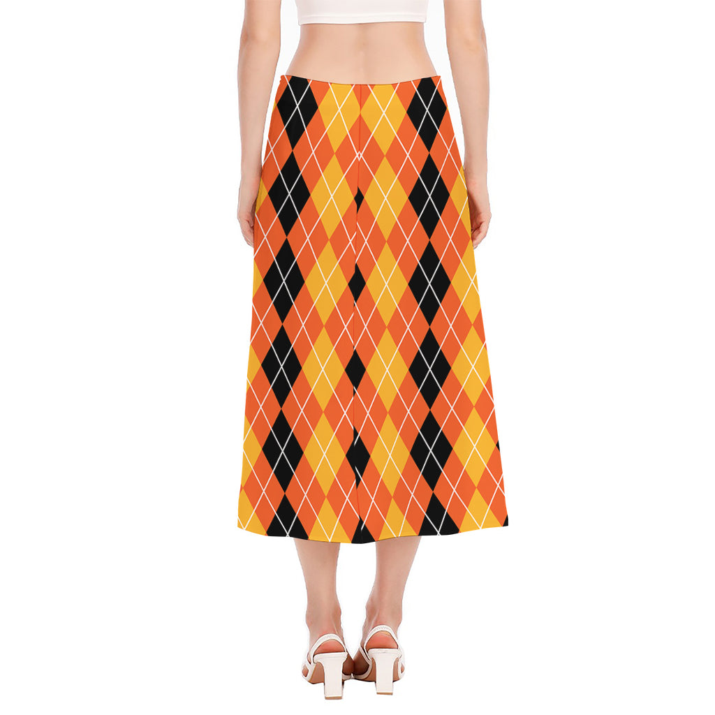 Black And Orange Argyle Pattern Print Side Slit Midi Skirt