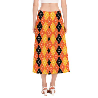 Black And Orange Argyle Pattern Print Side Slit Midi Skirt