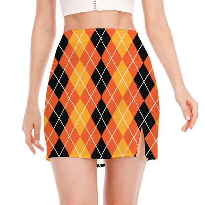 Black And Orange Argyle Pattern Print Side Slit Mini Skirt