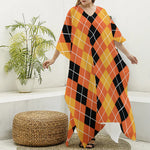 Black And Orange Argyle Pattern Print Silk V-Neck Kaftan Dress