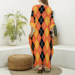 Black And Orange Argyle Pattern Print Silk V-Neck Kaftan Dress