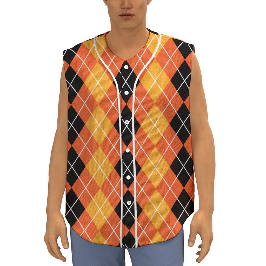 Black And Orange Argyle Pattern Print Sleeveless Baseball Jersey