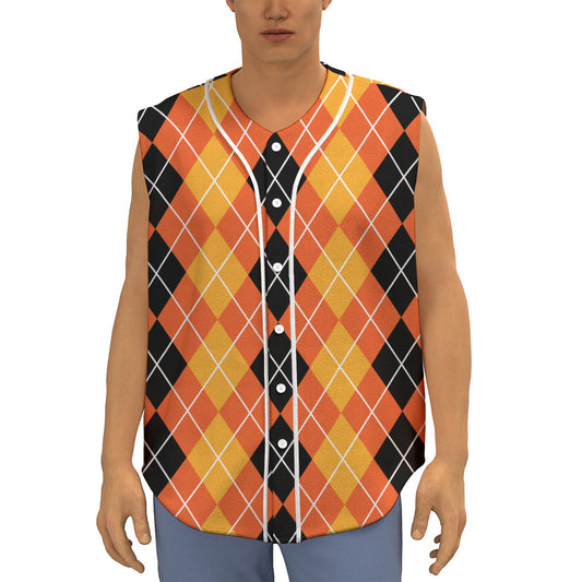 Black And Orange Argyle Pattern Print Sleeveless Baseball Jersey