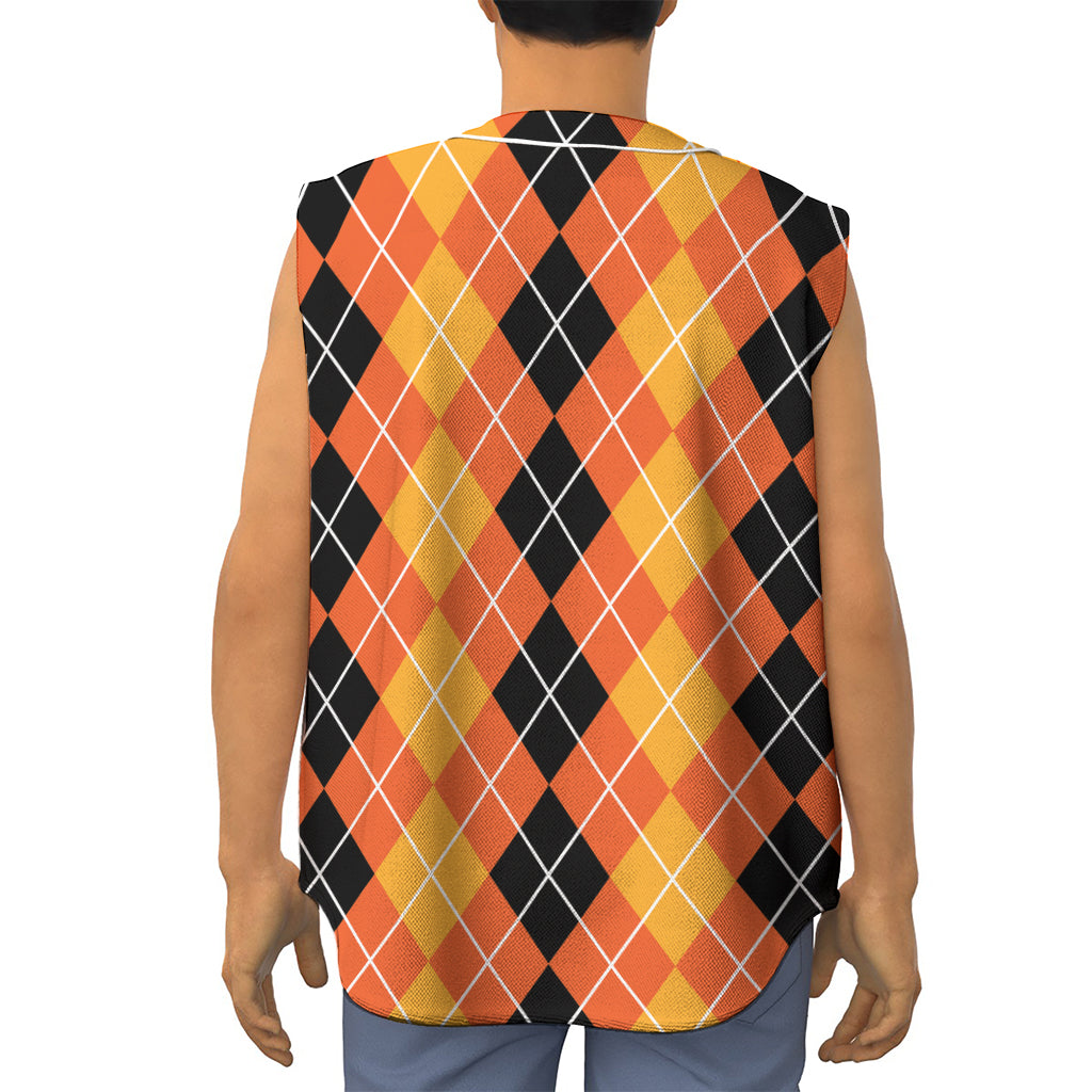 Black And Orange Argyle Pattern Print Sleeveless Baseball Jersey