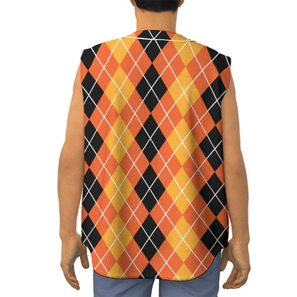 Black And Orange Argyle Pattern Print Sleeveless Baseball Jersey