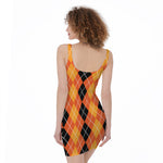 Black And Orange Argyle Pattern Print Sleeveless Bodycon Dress