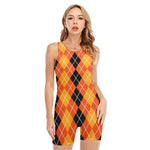 Black And Orange Argyle Pattern Print Sleeveless One Piece Swimsuit