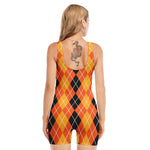 Black And Orange Argyle Pattern Print Sleeveless One Piece Swimsuit