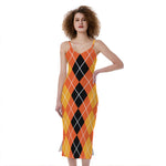 Black And Orange Argyle Pattern Print Slim Fit Midi Cami Dress