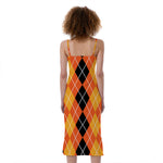 Black And Orange Argyle Pattern Print Slim Fit Midi Cami Dress