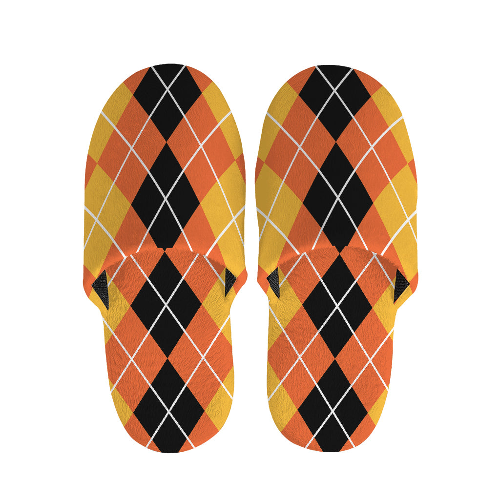 Black And Orange Argyle Pattern Print Slippers
