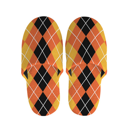 Black And Orange Argyle Pattern Print Slippers