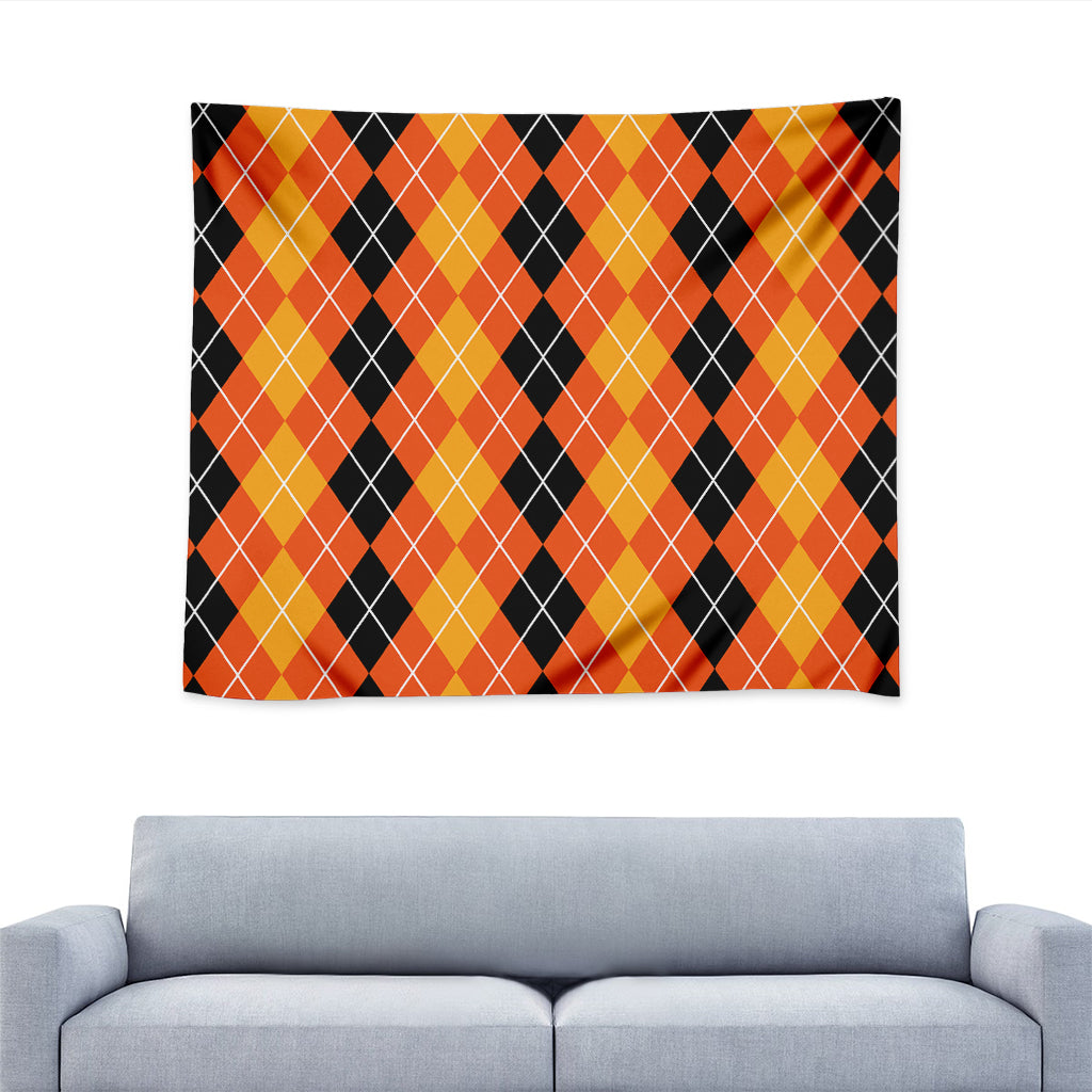 Black And Orange Argyle Pattern Print Tapestry